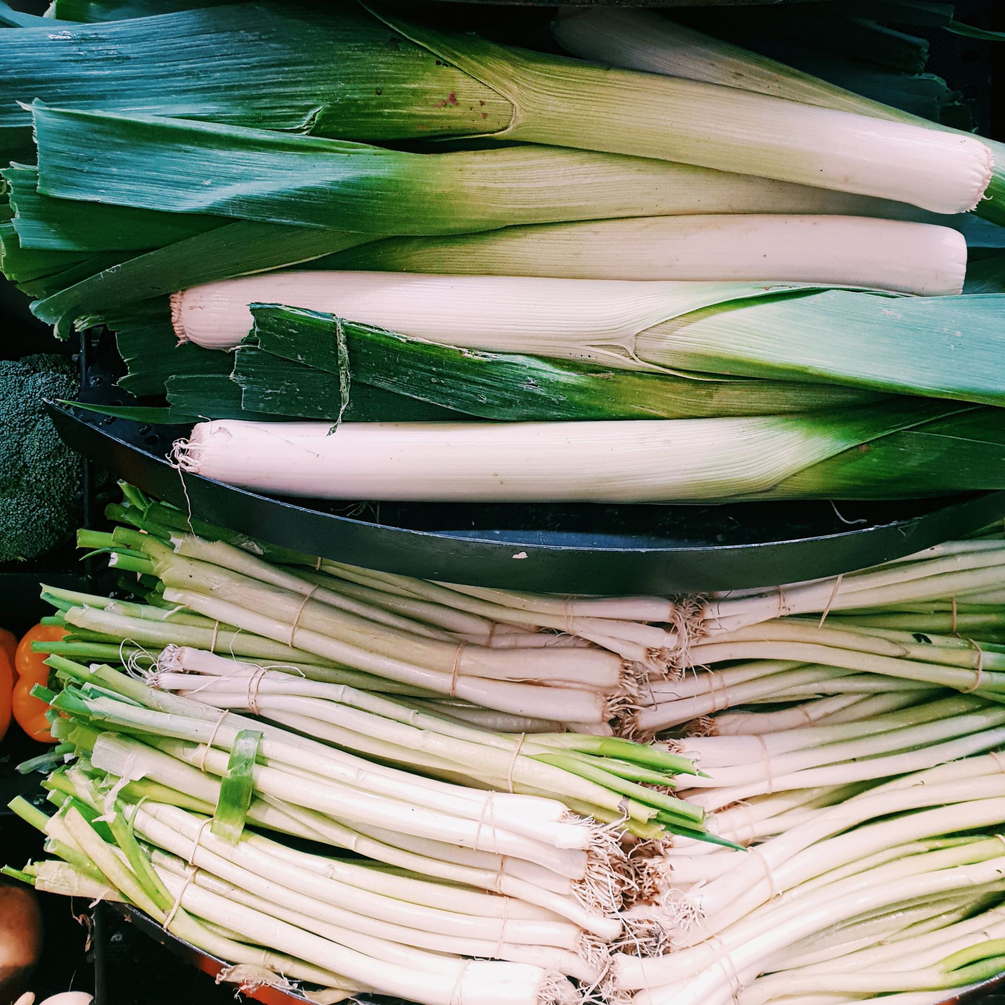 Spring onions and leeks in the vegetable section